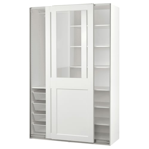 PAX / GRIMO Kombinacija garderobera, bela/bistro staklo bela, 150x66x236 cm