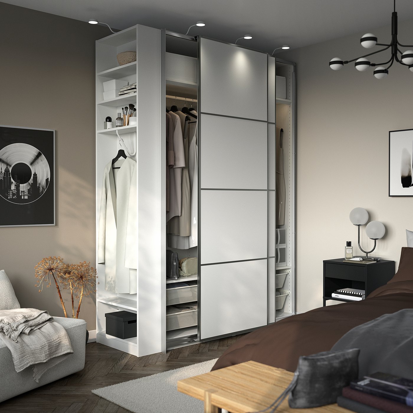 PAX / MEHAMN Garderober i klizna vrata, bela aluminijum/bela bela, 170x66x236 cm