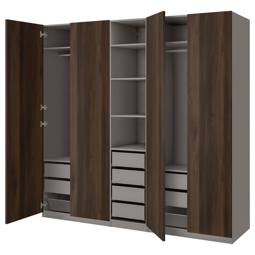 PAX / STORKLINTA Kombinacija garderobera, tamnosiva/tamnosmeđa im. bajcovane hrastovine, 250x60x236 cm