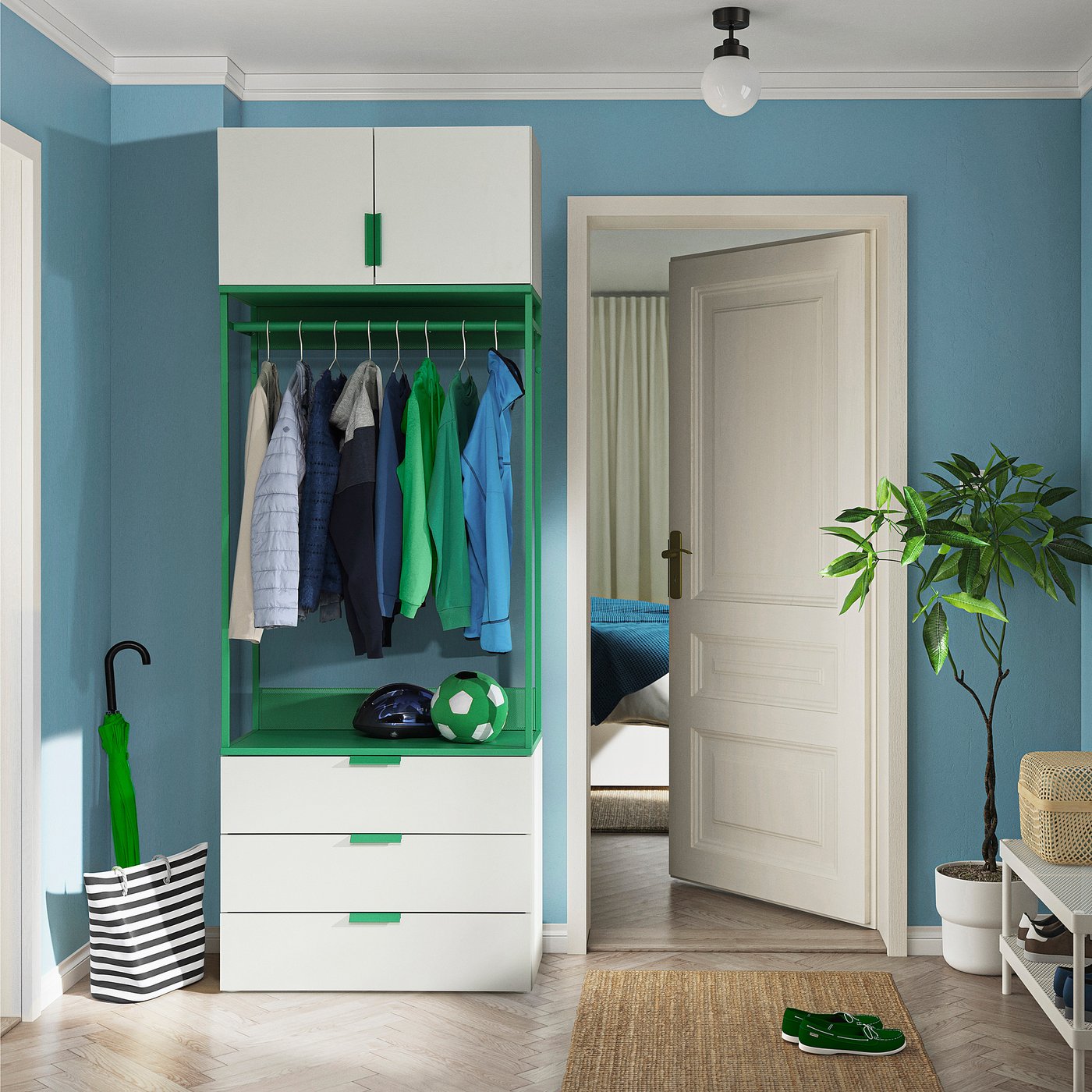 PLATSA Garderober s 2 vrata i 3 fioke, bela/Fonnes zelena, 80x42x221 cm