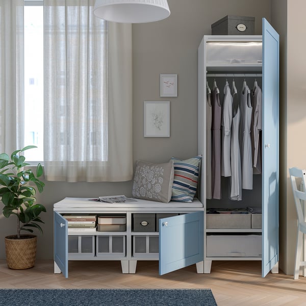 PLATSA Garderober s 3 vrata, bela/Sannidal plava, 180x57x191 cm