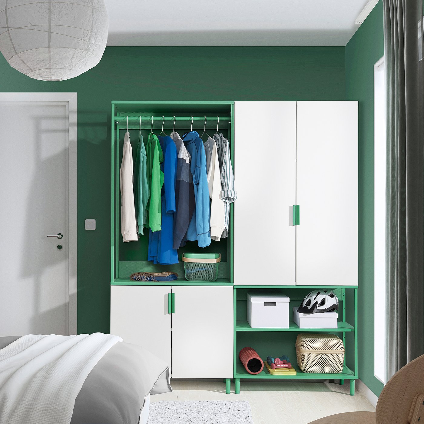 PLATSA Garderober s 4 vrata, bela Fonnes/zelena, 160x42x191 cm