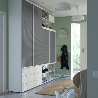 PLATSA Otv.garder. i 4 kliz.vrata+6 fioka, bela Larkollen/tamnosiva FONNES bela, 240x42x241 cm