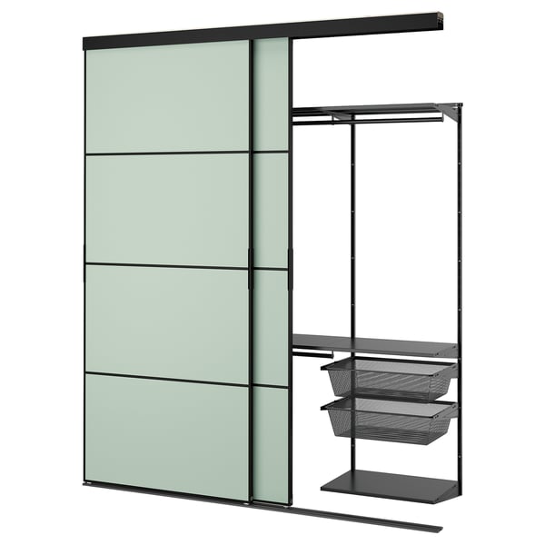 SKYTTA / BOAXEL Garderober s kliznim vratima, crna metal/Mehamn svetlozelena, 202x65x240 cm