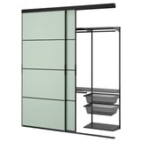 SKYTTA / BOAXEL Garderober s kliznim vratima, crna metal/Mehamn svetlozelena, 202x65x240 cm