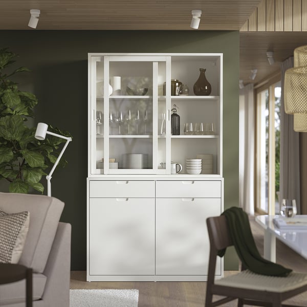 TONSTAD Komb.odlaganje s kliz.stakl.vratima, prljavobela/bistro staklo, 120x47x201 cm