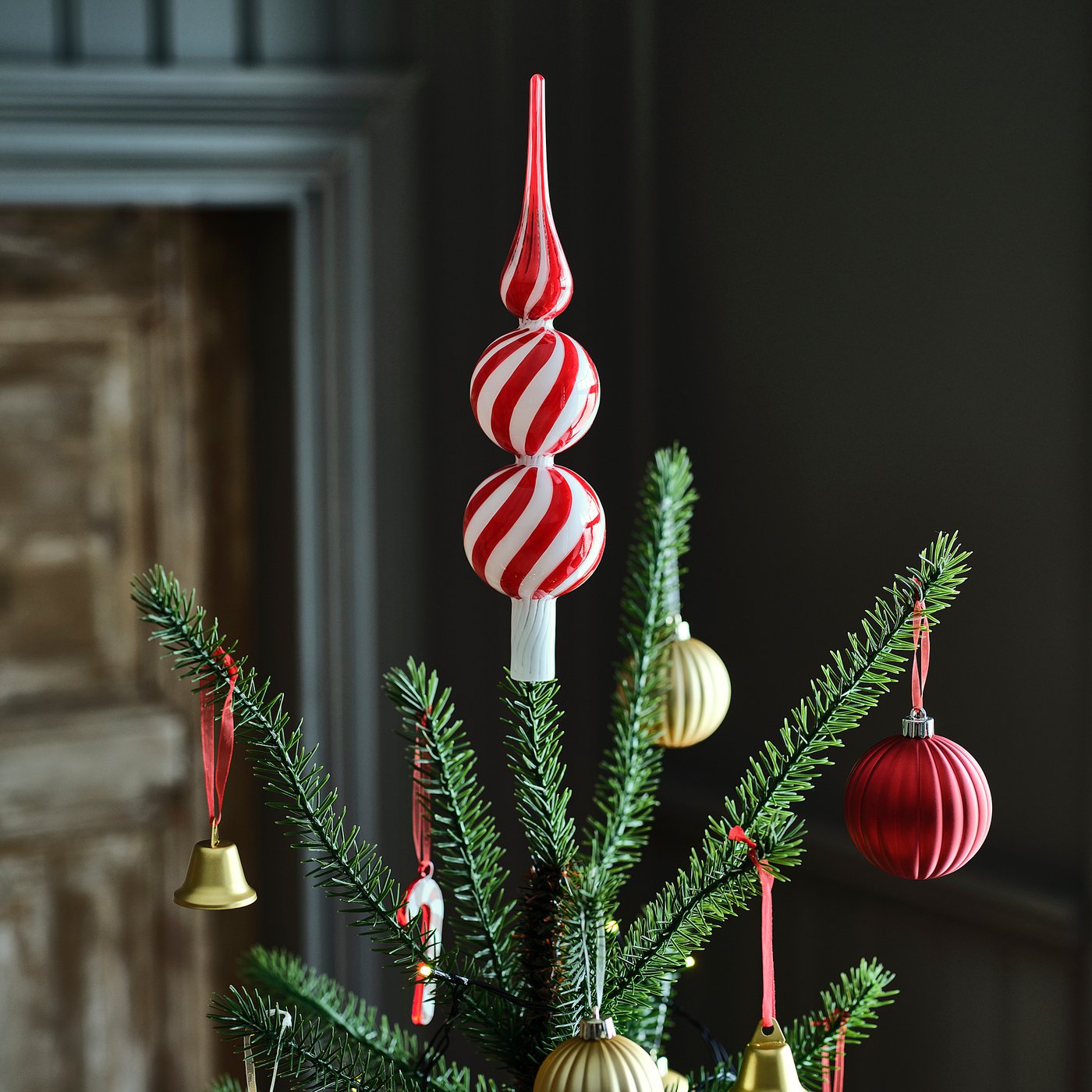 VINTERFINT Ukras za vrh jelke, staklo crvena/bela, 28 cm