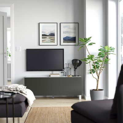 BESTÅ طاولة تلفزيون مع أبواب, أبيض Lappviken/Stubbarp/رمادي غامق, 120x42x48 سم