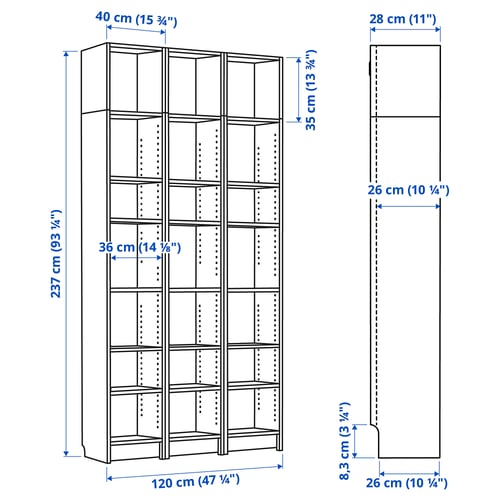 BILLY تشكيلة مكتبة مع وحدات تمديد, أسود شكل السنديان, 120x28x237 سم