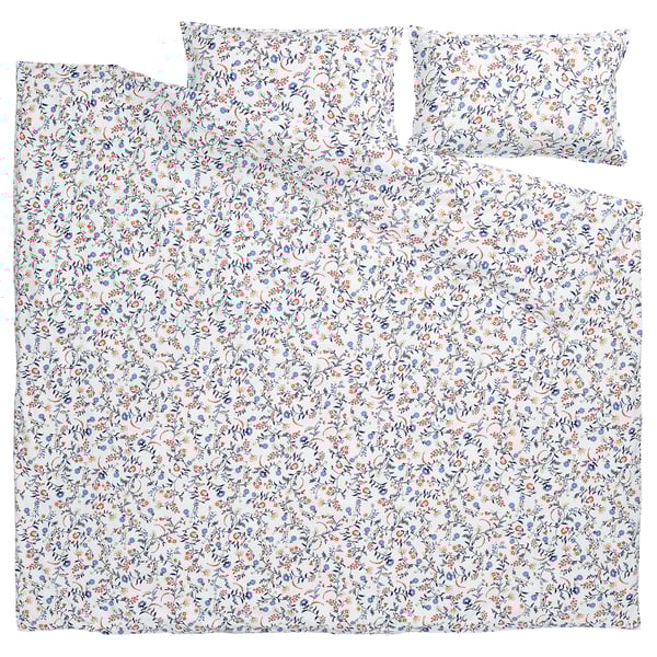 BRUDKRUSBÄR غطاء لحاف و ٢ غطاء مخدة, أبيض عدة ألوان/نقش زهور, 240x220/50x80 سم