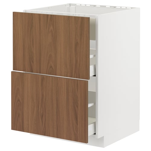 METOD / MAXIMERA خزانة قاعدة لموقد/شفاط مدمج مع درج, أبيض/Tistorp مظهر الجوز بني, 60x60 سم