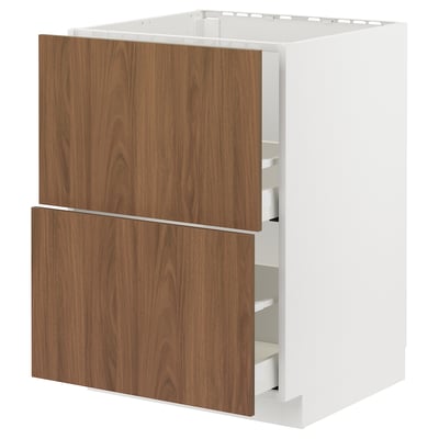 METOD / MAXIMERA خزانة قاعدة لحوض+واجهتان/درجان, أبيض/Tistorp مظهر الجوز بني, ‎60x60 سم‏