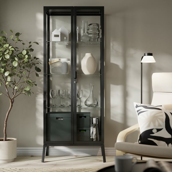 MILSBO خزانة بباب زجاج, فحمي, 73x175 سم