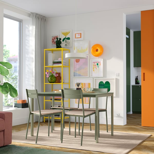 VIHALS / BUSLÄTT طاولة و 4 كراسي, أخضر أخضر/رمادي-أخضر صنوبر, 125x74 سم