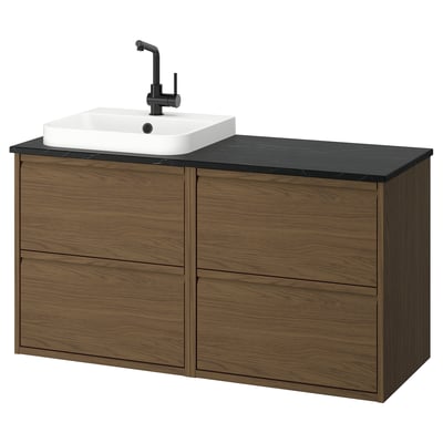 ÄNGSJÖN / BACKSJÖN Wash-stand/wash-basin/tap, brown oak effect/black marble effect, 122x49x71 cm