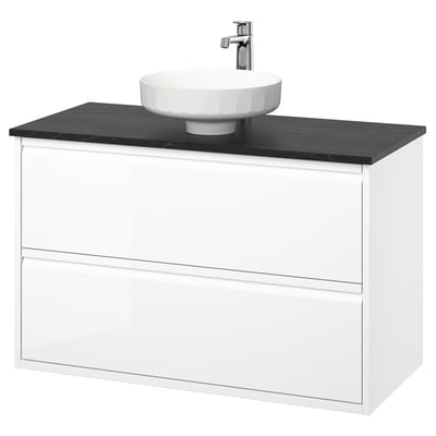 ÄNGSJÖN / LERSJÖN Wash-stnd w drawers/wash-basin/tap, high-gloss white/black marble effect, 102x49x79 cm