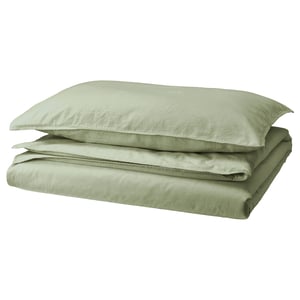 A neatly stacked green ÄNGSLILJA duvet cover and pillowcase set in rectangle shape. Made of soft, breathable cotton for comfort.
