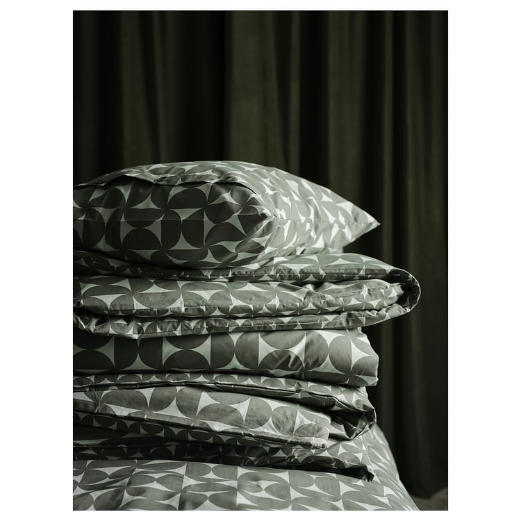 ÄNGSNEJLIKA duvet cover and 2 pillowcases, grey/green, 240x220/50x80 cm
