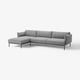 Modern grey l-shaped sofa with sleek metal legs, perfect for cosy lounging.