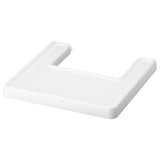 A white plastic kids highchair tray by ANTILOP. Its rectangular with smooth edges.