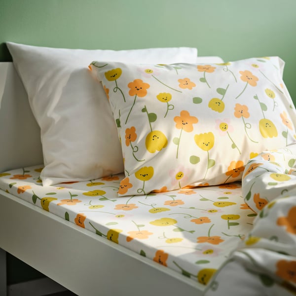 BARNDRÖM Fitted sheet, multicolour/flower pattern, 90x200 cm