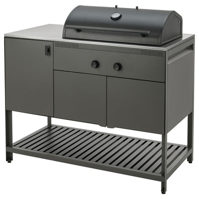 Modern dark grey outdoor kitchen set. Integrated grill, storage cabinets, and slatted shelf. Sleek, functional design for durability and style.