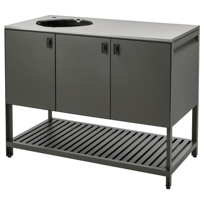 Grey outdoor kitchen unit, BÅTSKÄR, with sink and storage, sturdy steel frame, sleek design.