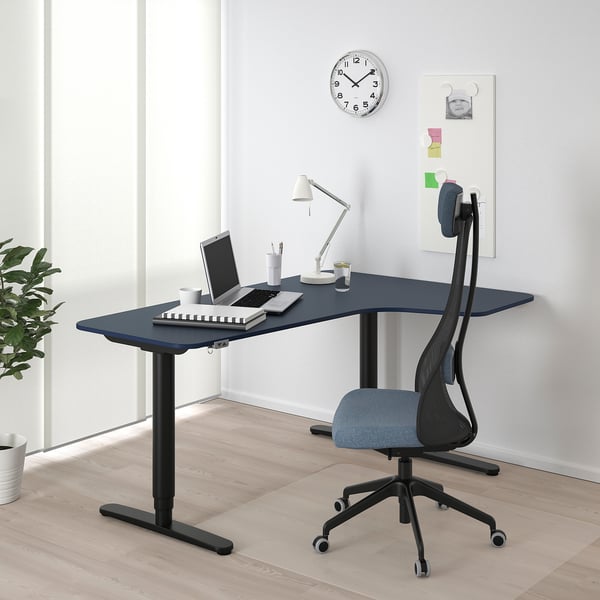 BEKANT Corner desk right sit/stand linoleum blue, black IKEA