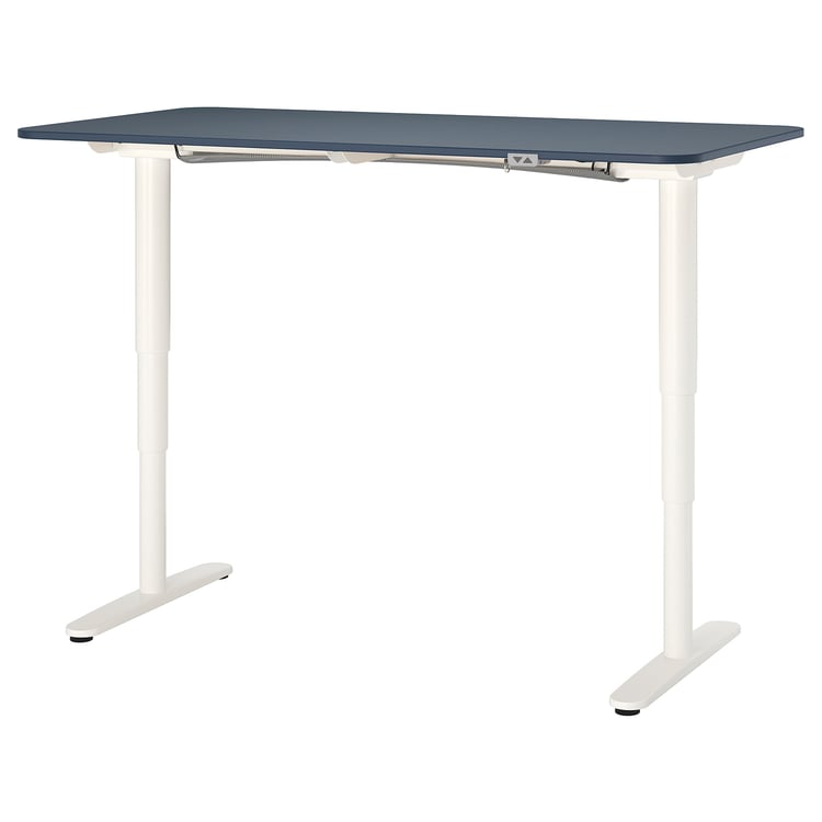 BEKANT مكتب متغيّر الارتفاع مشمع أزرق/أبيض IKEA
