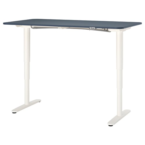 BEKANT مكتب متغيّر الارتفاع مشمع أزرق/أبيض IKEA