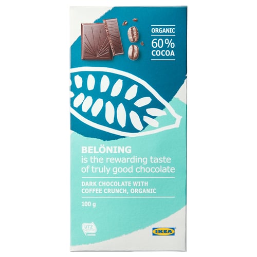 beloning 60 لوح شوكولاتة داكنة مقرمشات قهوة عضوى معتمد من utz 100 غم ikea
