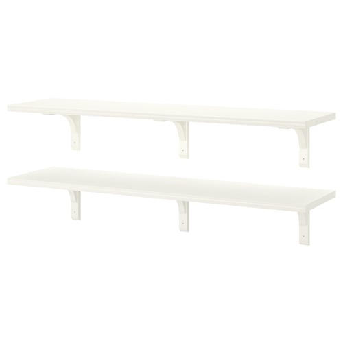 Two white BERGSHULT wall shelves, rectangular, with bevelled and smooth edges.