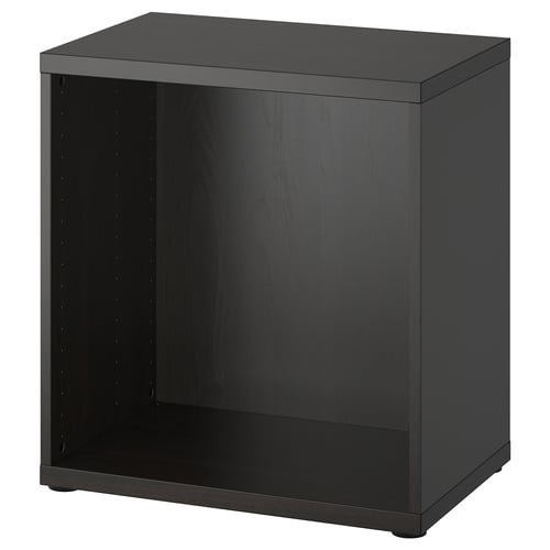 Black BESTÅ open storage unit with square design and adjustable feet.