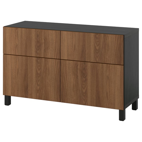 BESTÅ Storage combination w doors/drawers, black-brown/Lappviken/Stubbarp walnut effect, 120x42x74 cm