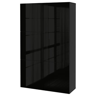 BESTÅ Storage combination with doors, black-brown/Selsviken high-gloss/black, 120x42x193 cm