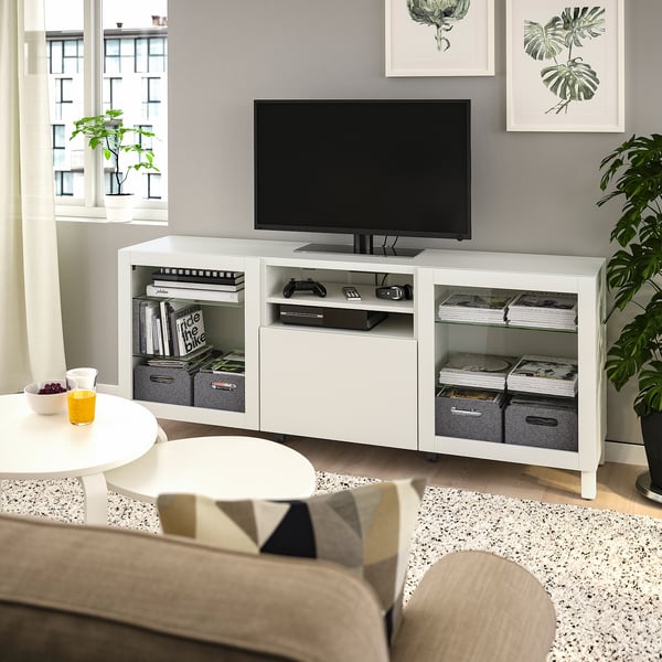 BESTÅ TV bench with doors and drawers, white/Lappviken/Stubbarp Sindvik