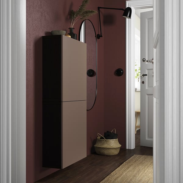 BESTÅ Wall cabinet with 2 doors, black-brown/Lappviken light grey-brown, 60x22x128 cm