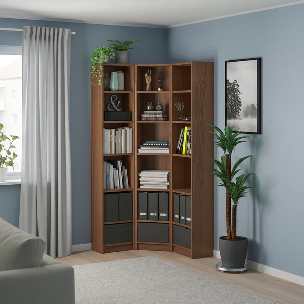 BILLY bookcase combination/crnr solution, brown ash veneer, 95/95x28x202 cm IKEA