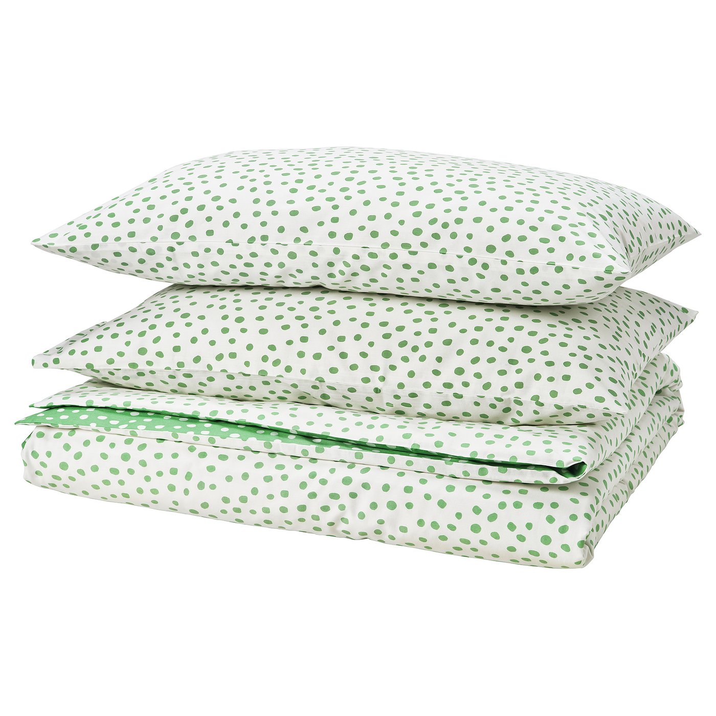 BJÖRKGRÅMAL duvet & pillow sham set, green dots on white, rectangular with zip & envelope closures. Soft cotton-viscose blend.