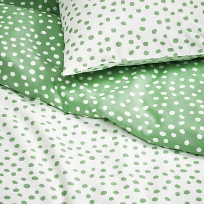 BJÖRKGRÅMAL Duvet cover and 2 pillowcases, green white/dotted, 240x220/50x80 cm
