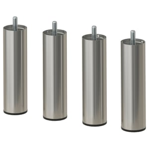 Four stainless steel legs with screws, sleek and cylindrical, designed for furniture, laid out uniformly.