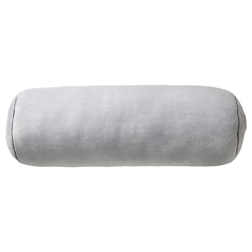 A round, light grey blaskata cushion. Made from recycled polyester, its soft and versatile for various uses.