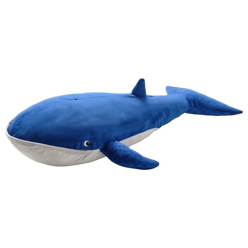 Blue whale-shaped cuddly toy made of soft, recycled polyester material. Ideal for play and comfort.
