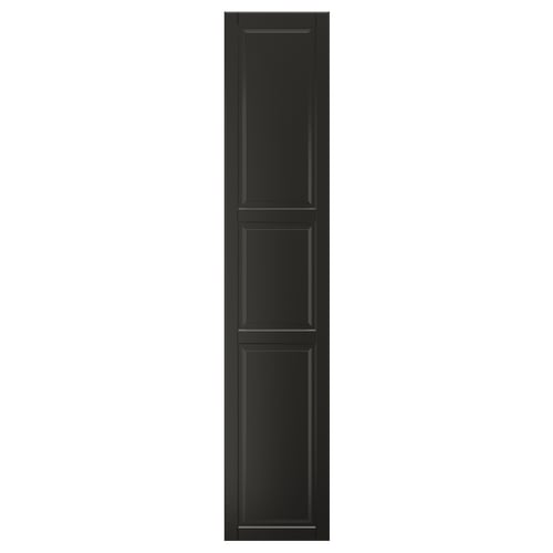 A black BODBYN closet door with a classic bevelled panel design, made from fiberboard for durability.