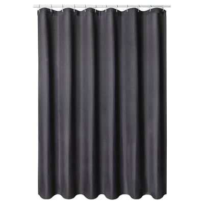 The BORSTALOE shower curtain, black, is water-repellent with waffle texture, made from recycled polyester, hanging straight.