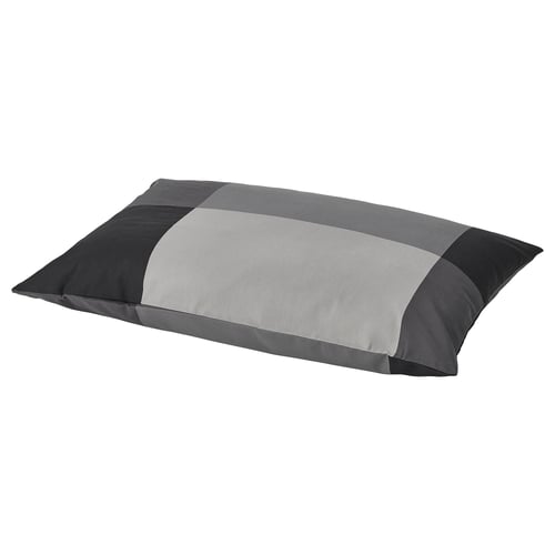 BRUNKRISSLA pillow in grey hues, rectangular with a bold check pattern. Soft cotton-viscose blend.