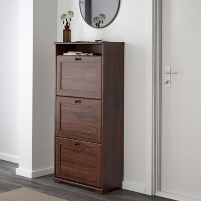 BRUSALI 3-compartment shoe cabinet - dark wood, holds 15 pairs