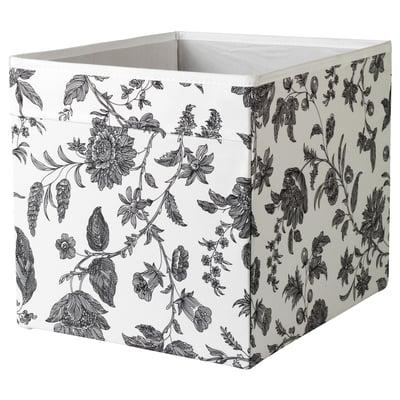 DRÖNA cube storage bin, black/white floral design, fabric, stiff sides, rectangular.
