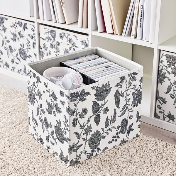 DRÖNA Box, floral patterned black/white, 33x38x33 cm