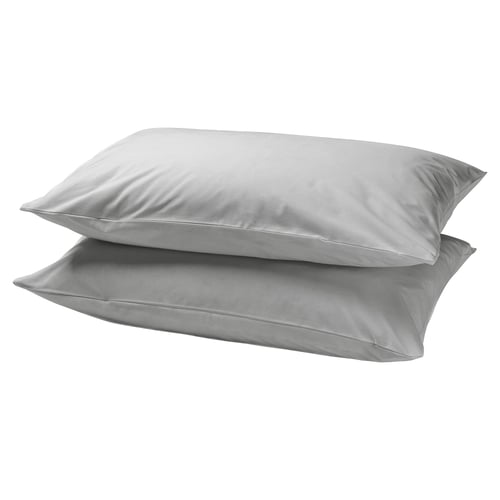 Two stacked grey satin pillows, smooth and rectangular, in pristine condition.